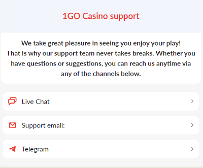 Customer support 1GO casino