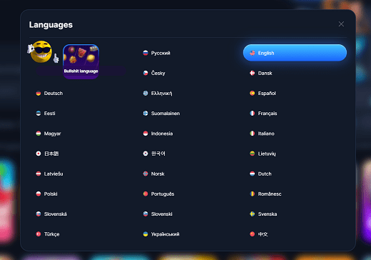 Interface languages casino Vodka